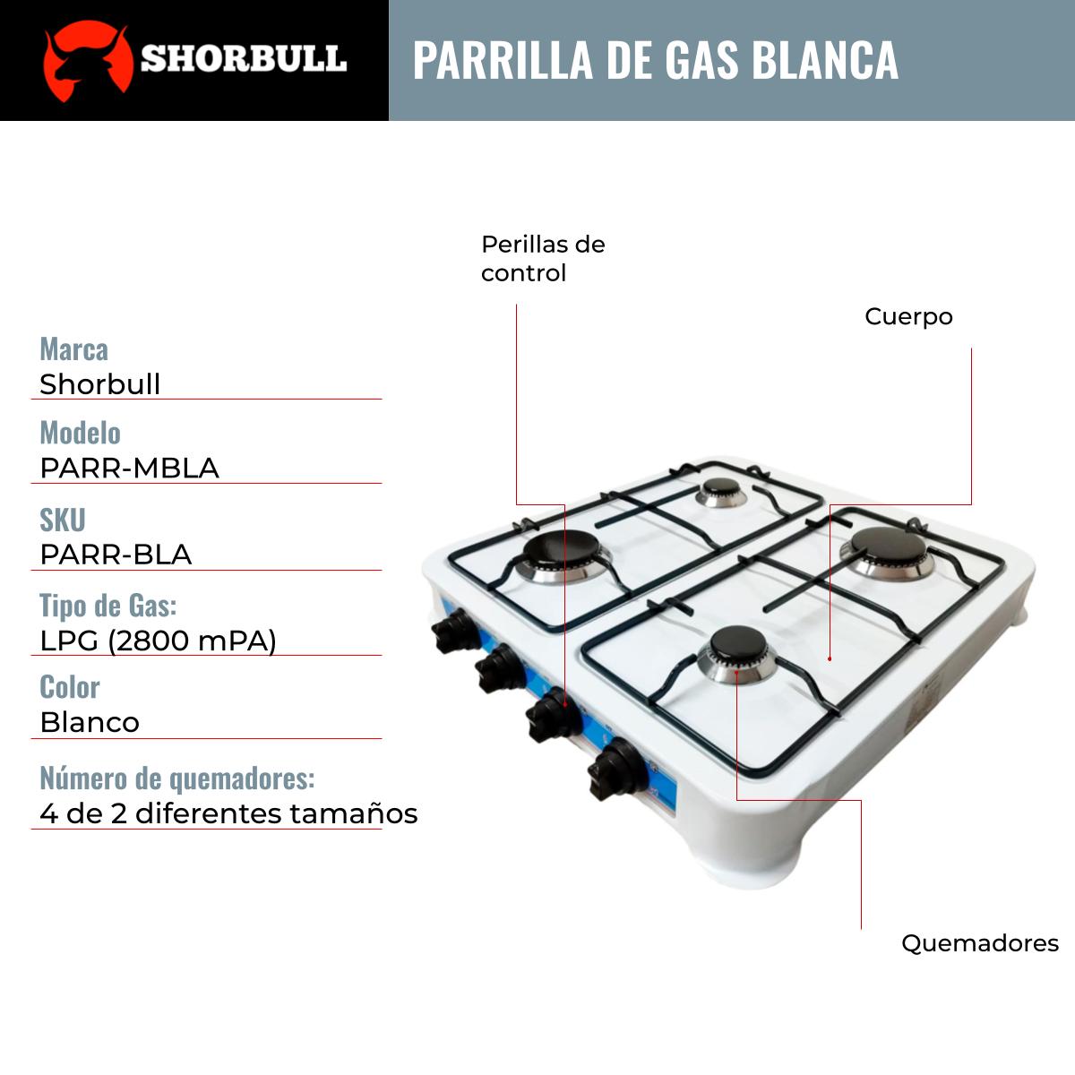 Parrilla Estufa Mesa Gas 4 quemadores Acero Blnaca Shorbull.