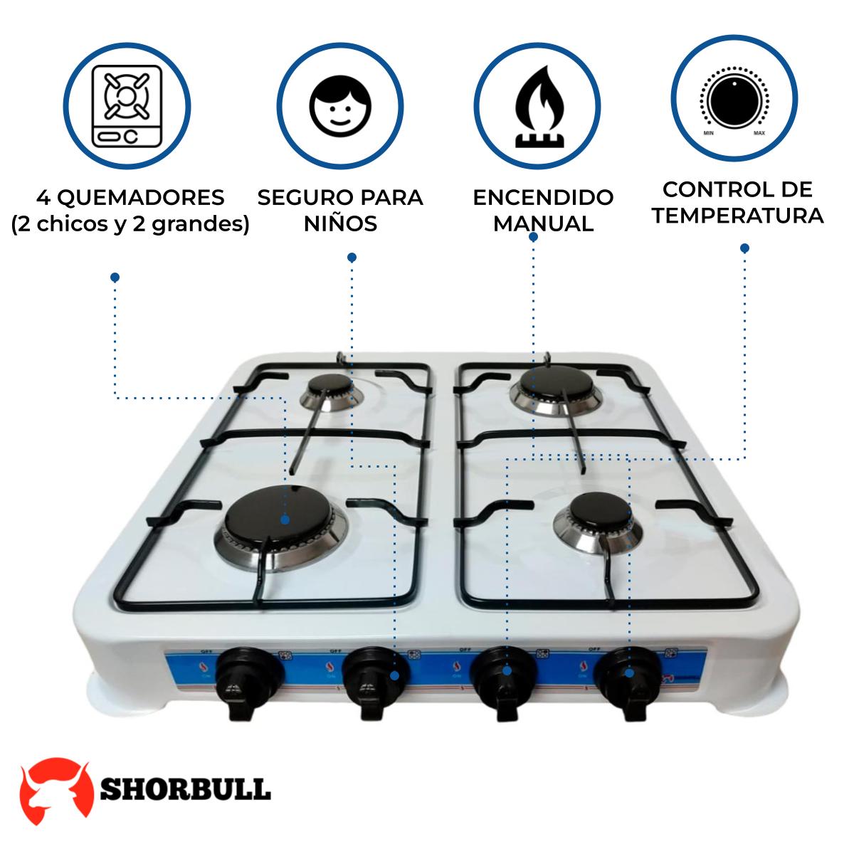 Parrilla Estufa Mesa Gas 4 quemadores Acero Blnaca Shorbull.
