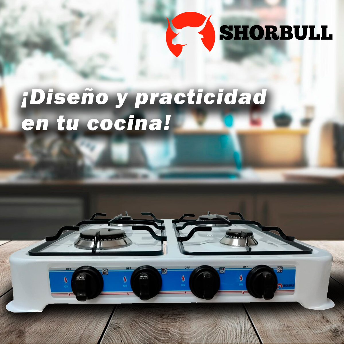 Parrilla Estufa Mesa Gas 4 quemadores Acero Blnaca Shorbull.