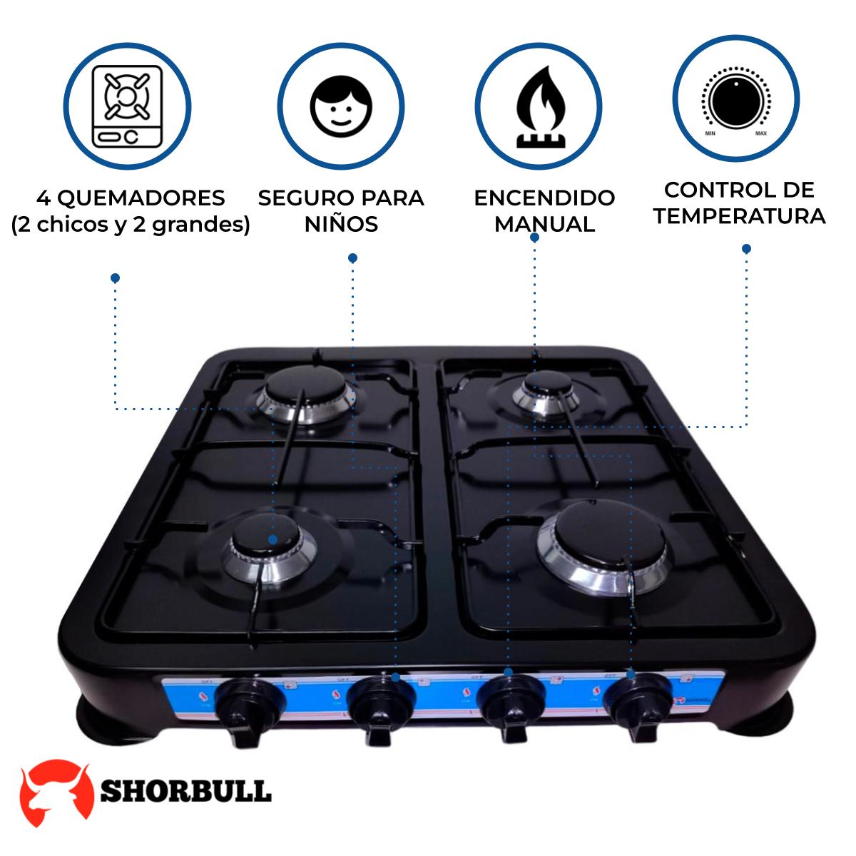 Parrilla Estufa Mesa Gas 4 quemadores Acero Negra Shorbull.