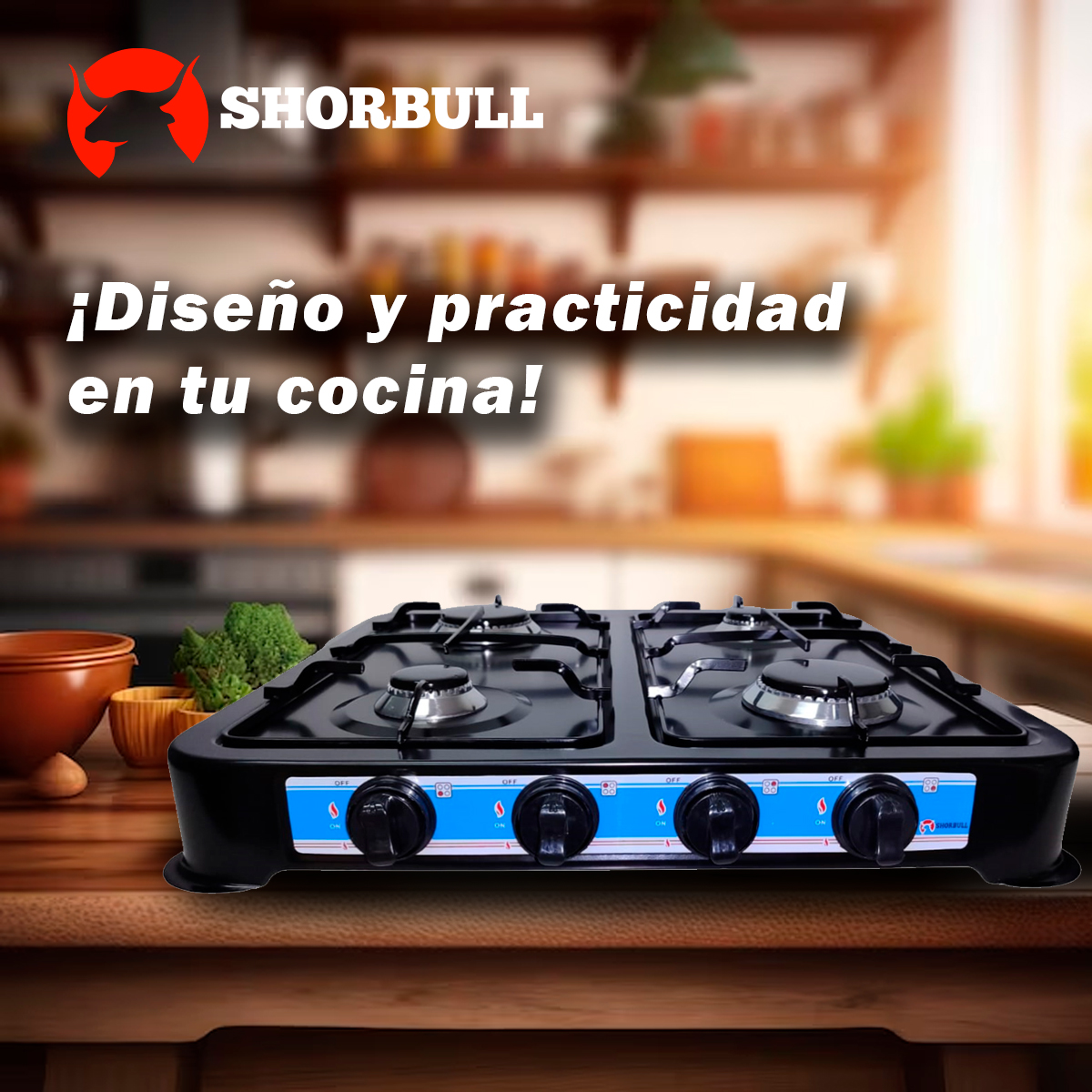 Parrilla Estufa Mesa Gas 4 quemadores Acero Negra Shorbull.