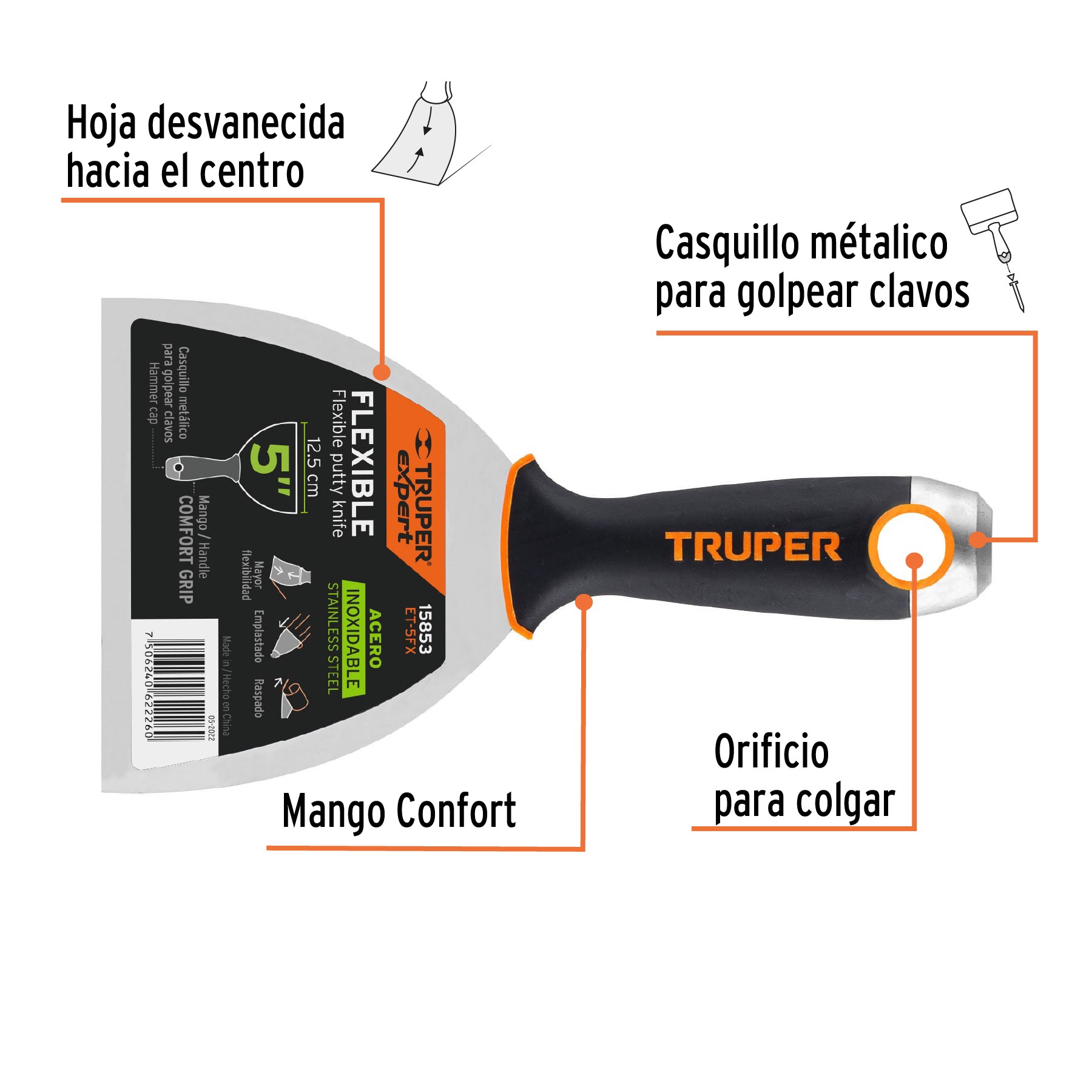 ESPÁTULA FLEXIBLE 5" ACERO INOX. MANGO COMFORT GRIP, TRUPER EXPERT 15853