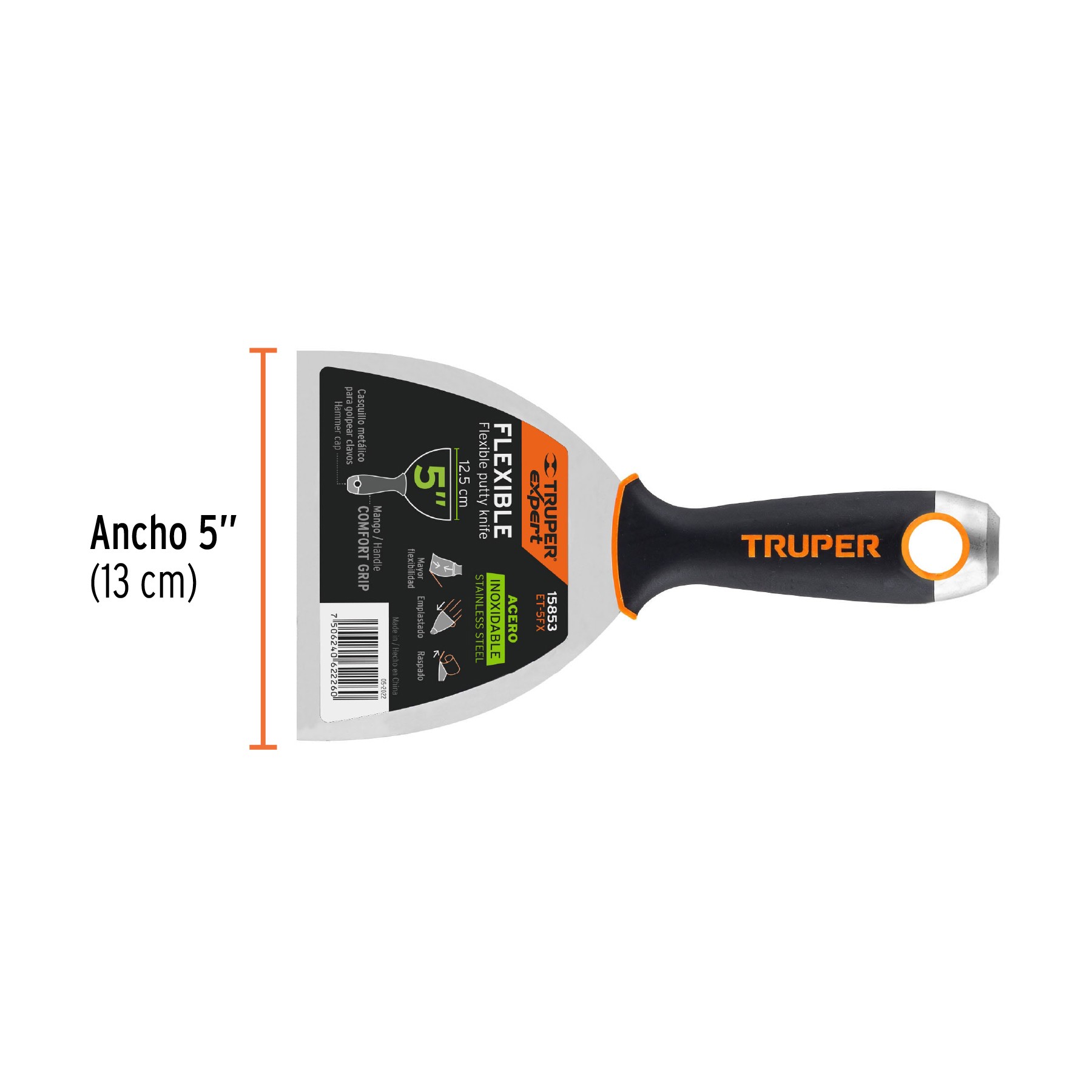 ESPÁTULA FLEXIBLE 5" ACERO INOX. MANGO COMFORT GRIP, TRUPER EXPERT 15853