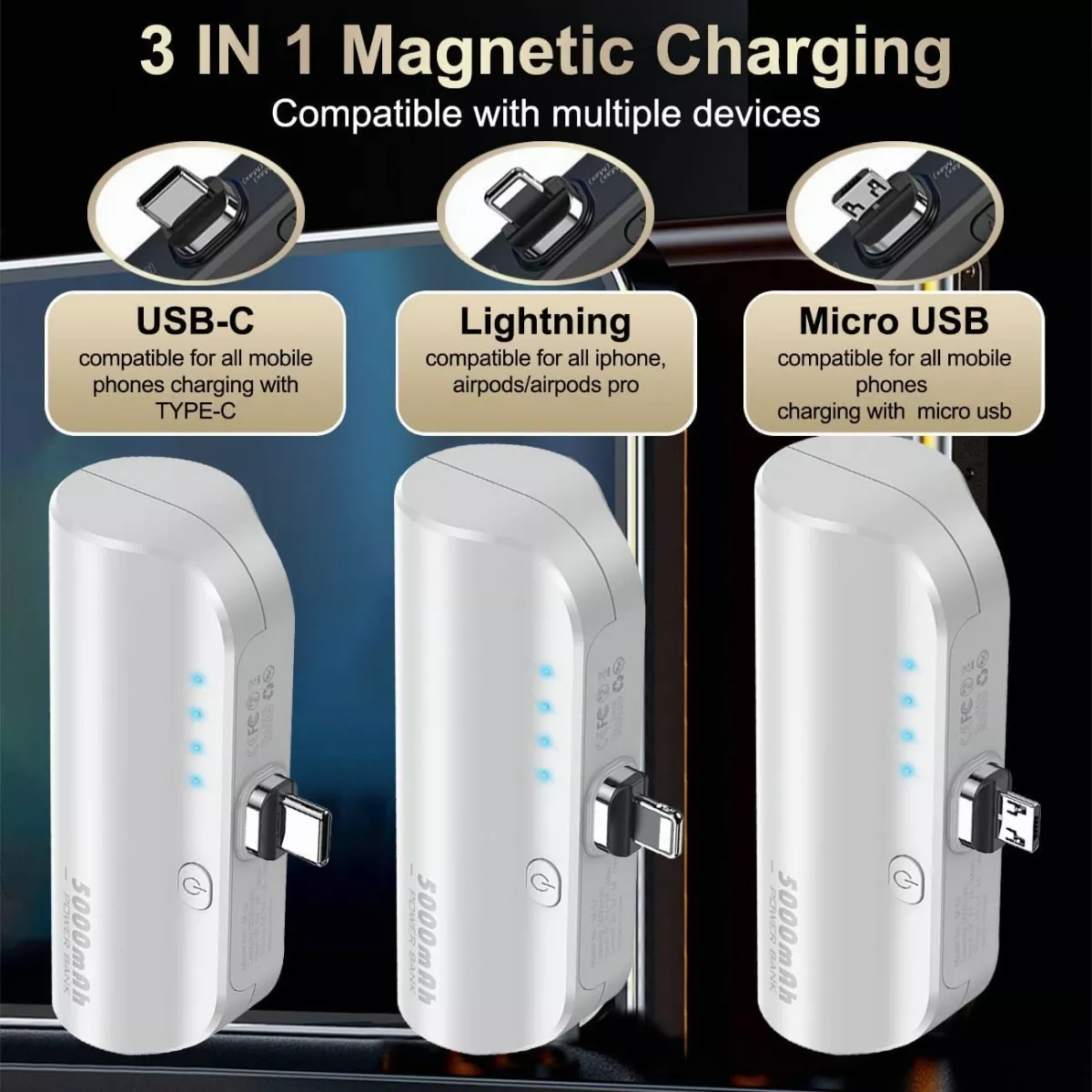 Power Bank Magnético 5000mah Inalámbrica 3 En 1 Ultracompact Blanco