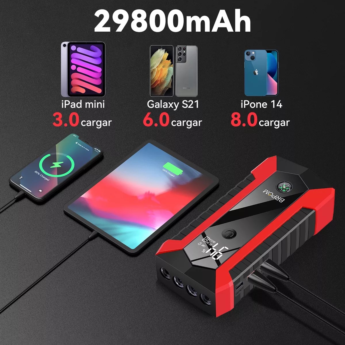 Arrancador De Batería De Coche 3500a 29800mah Con Pantalla