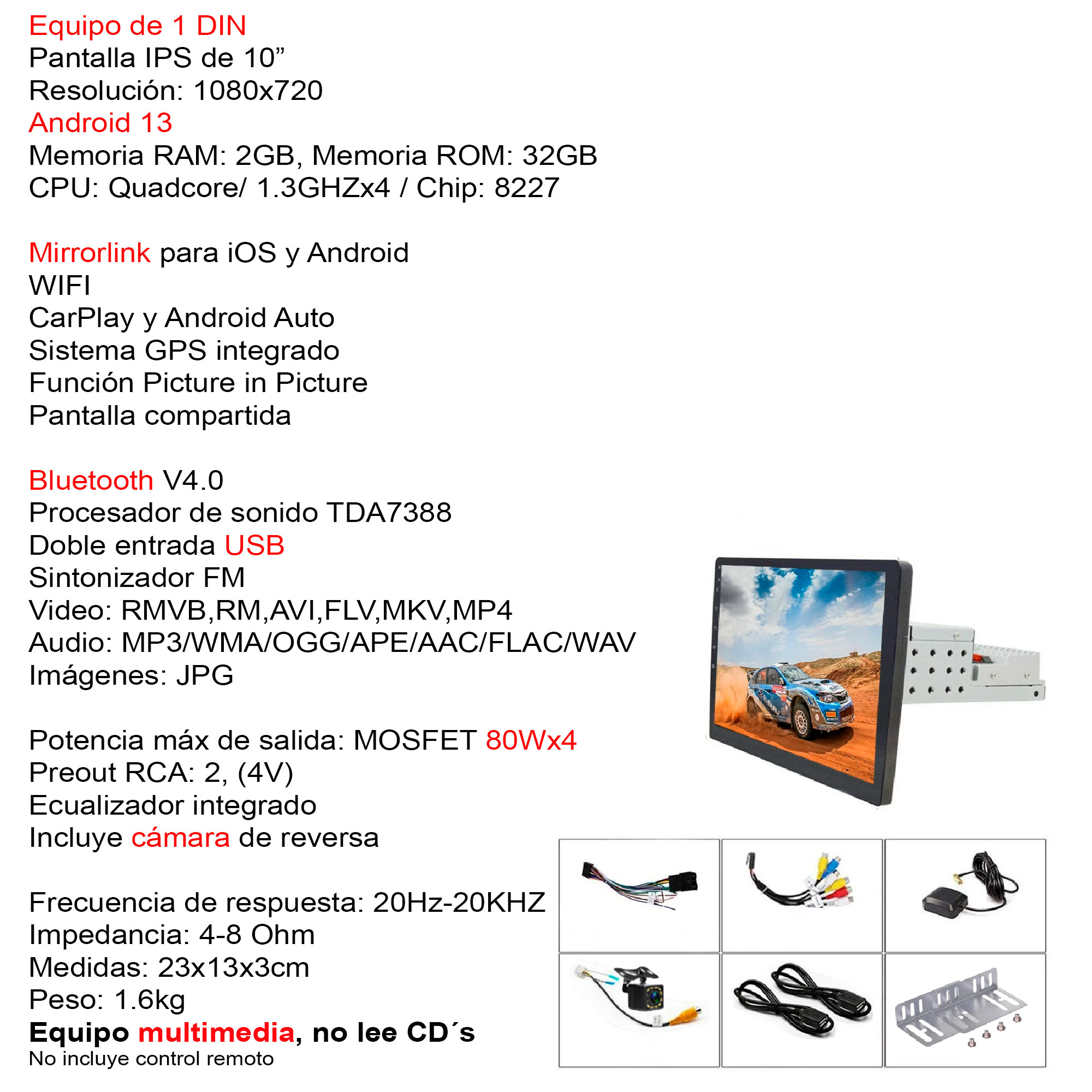 AUTOESTEREO VAK 3700u 1 DIN 10" ANDROID CARPLAY CAMARA GPS.