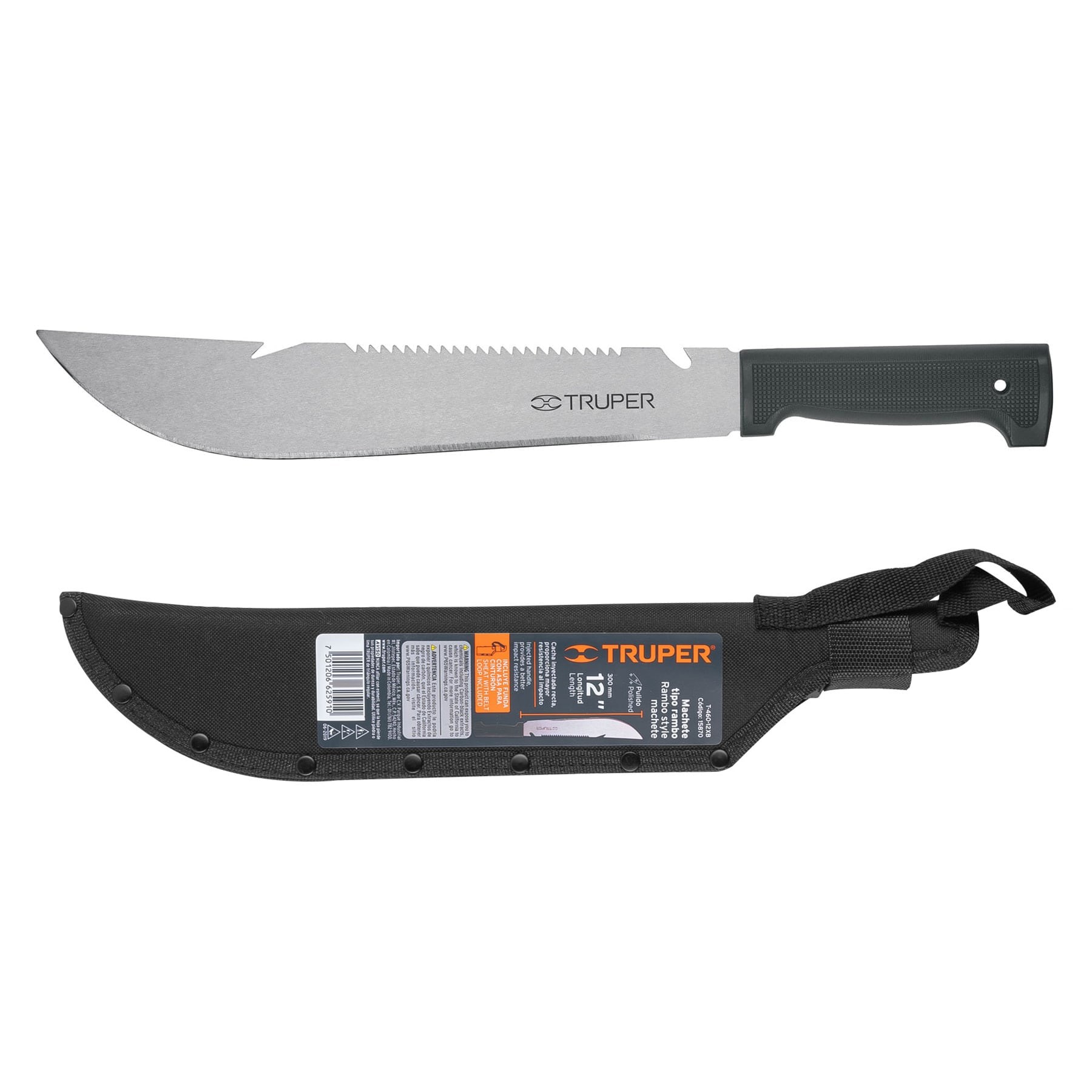 MACHETE RAMBO 12" CACHA INYECTADA NEGRA, CON FUNDA, TRUPER 15870