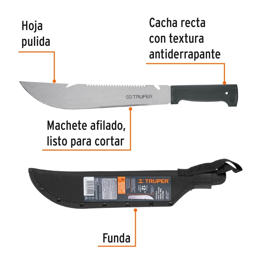 MACHETE RAMBO 12" CACHA INYECTADA NEGRA, CON FUNDA, TRUPER 15870