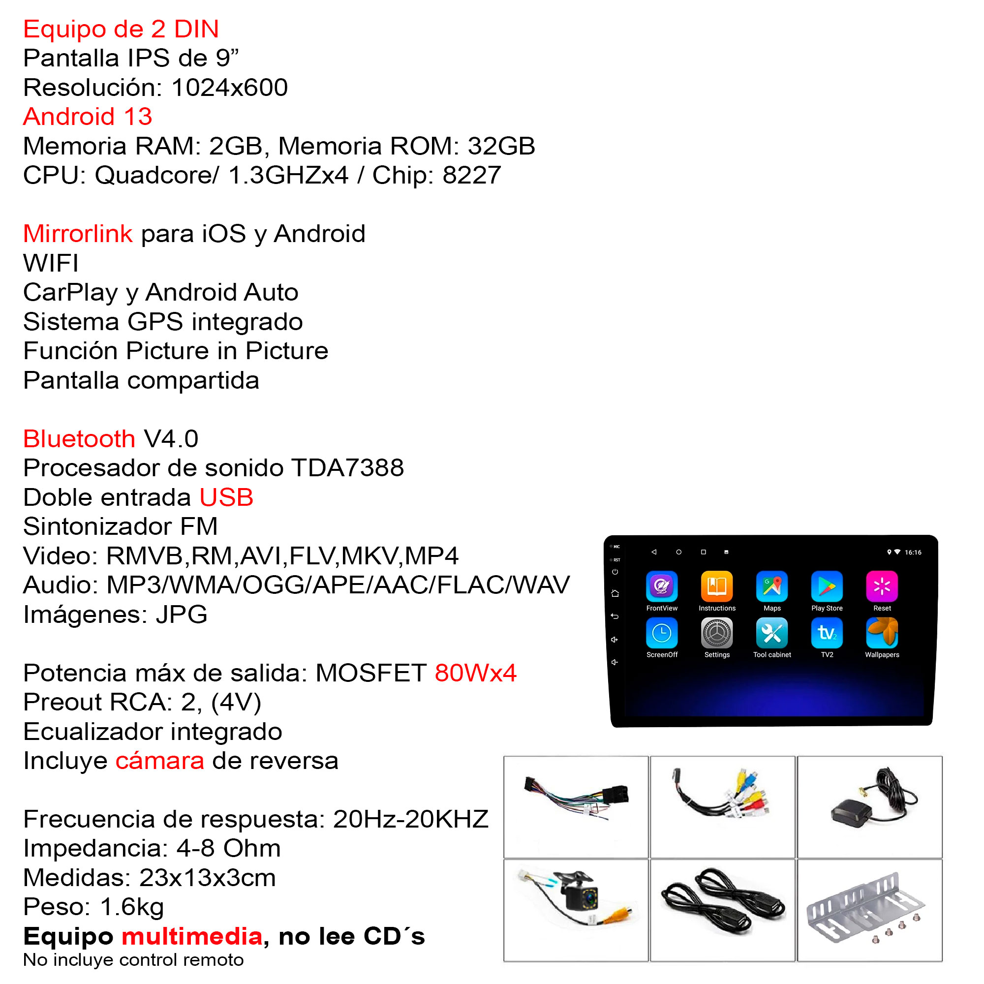 AUTOESTEREO VAK M709 2 DIN 9" ANDROID CARPLAY CAMARA GPS.