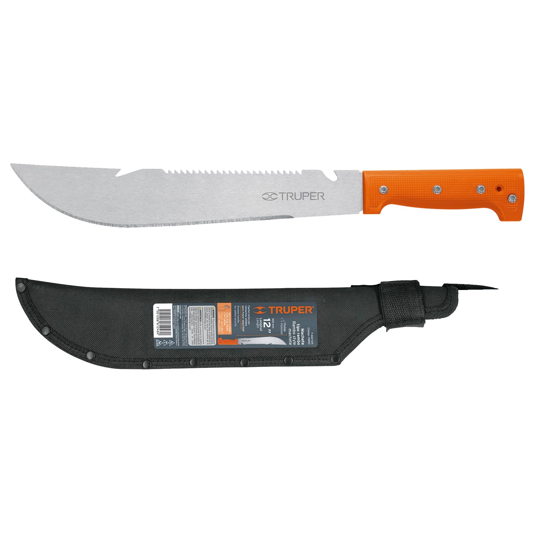MACHETE RAMBO 12" CACHA REMACHADA NARANJA, CON FUNDA, TRUPER 15890