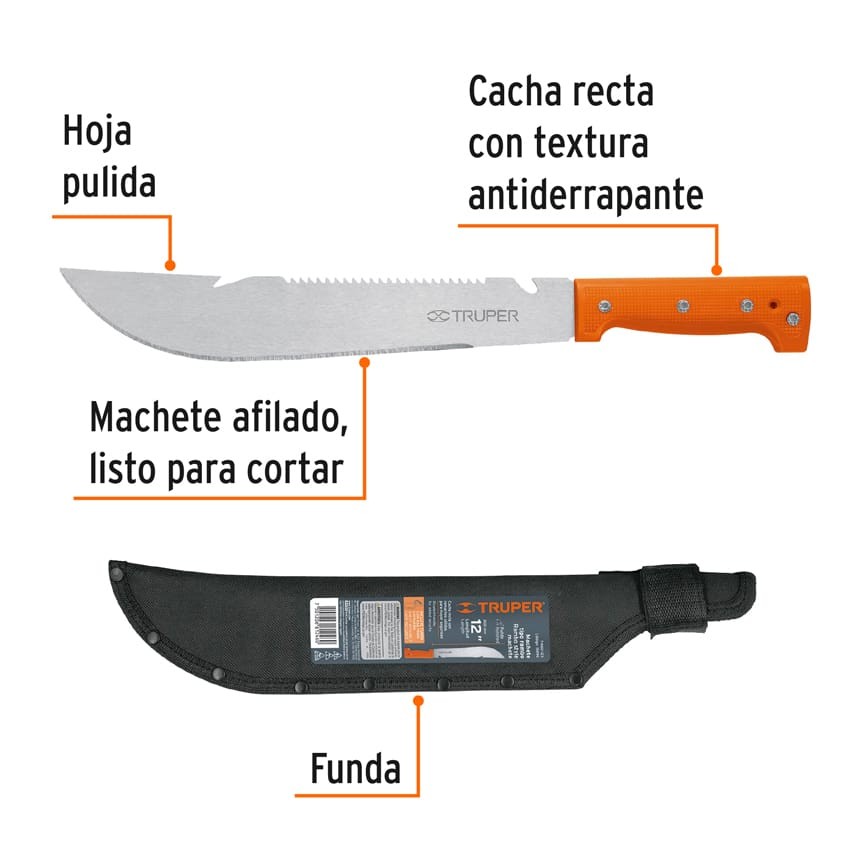 MACHETE RAMBO 12" CACHA REMACHADA NARANJA, CON FUNDA, TRUPER 15890