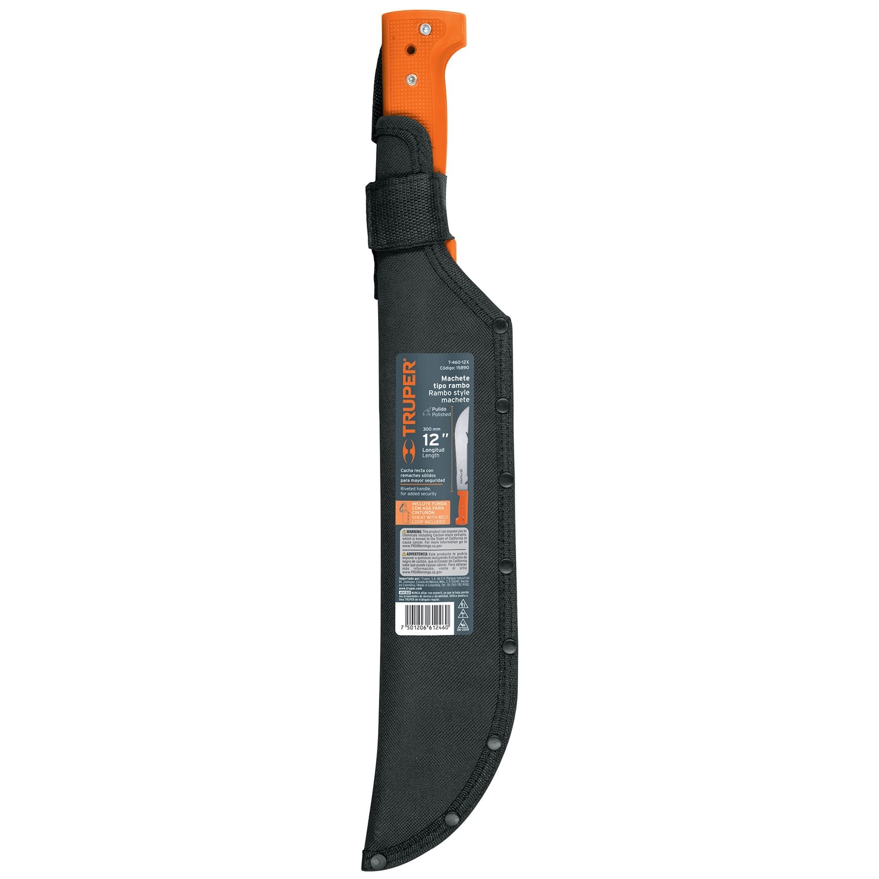 MACHETE RAMBO 12" CACHA REMACHADA NARANJA, CON FUNDA, TRUPER 15890