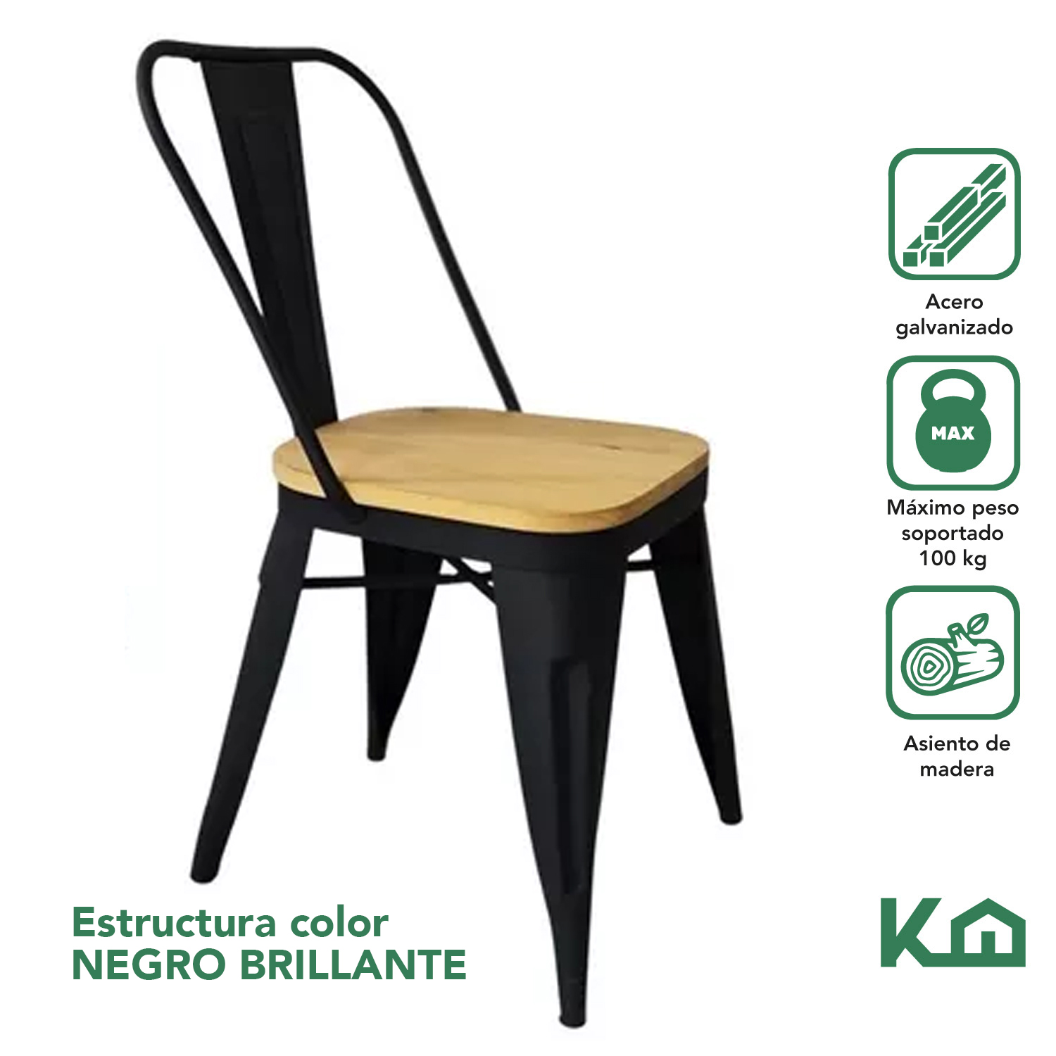 Silla Tolix De Metal Con Asiento Madera Para Casa Comedor Negro