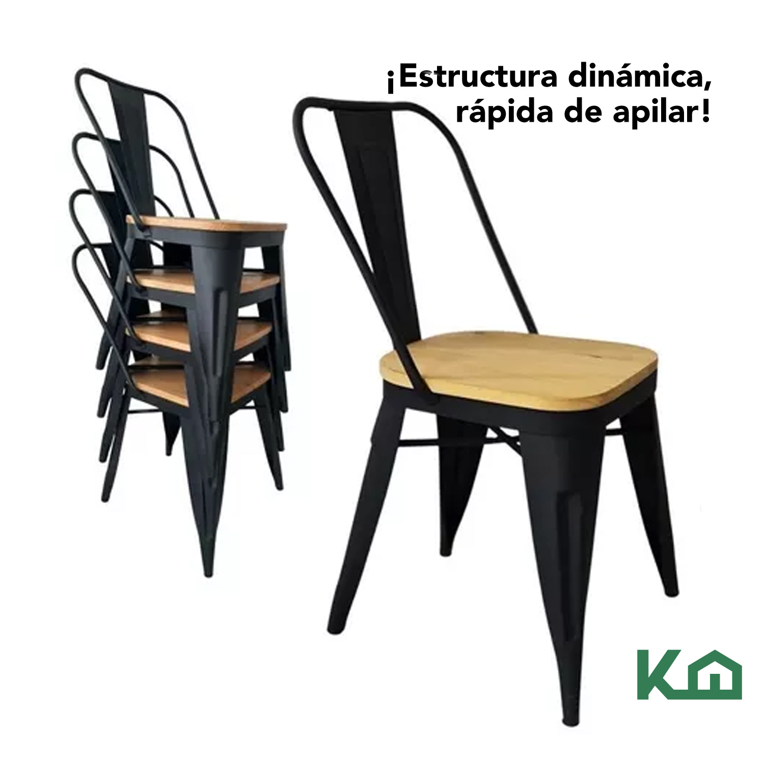 Silla Tolix De Metal Con Asiento Madera Para Casa Comedor Negro