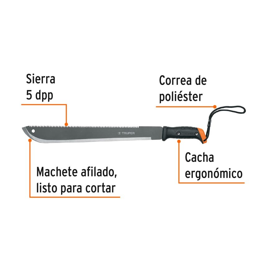 MACHETE DOBLE FILO 18", CON CORREA, FUNDA DE CARTÓN, TRUPER 15893