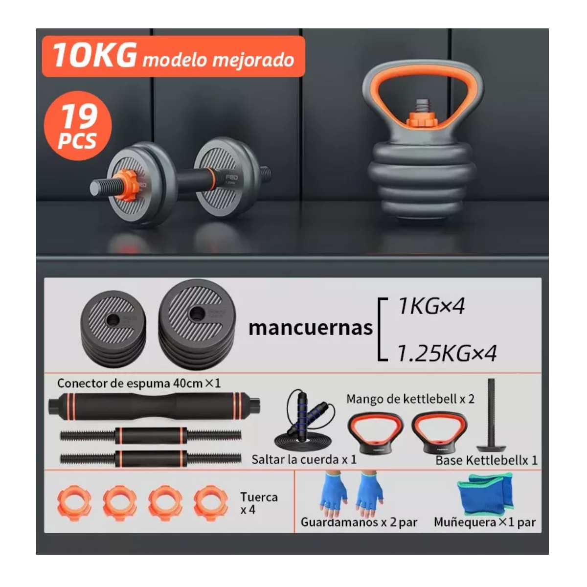 Kit Ejercicio Pesas Cuerda Color Negro/Naranja