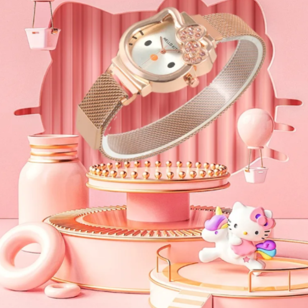 Reloj Hello Kitty Kawaii Metalico Moño con Cristales Brillantes