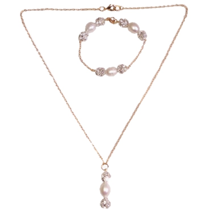 Collar Aretes Y Pulsera Chapa De Oro Y Perlas Cultivadas A02