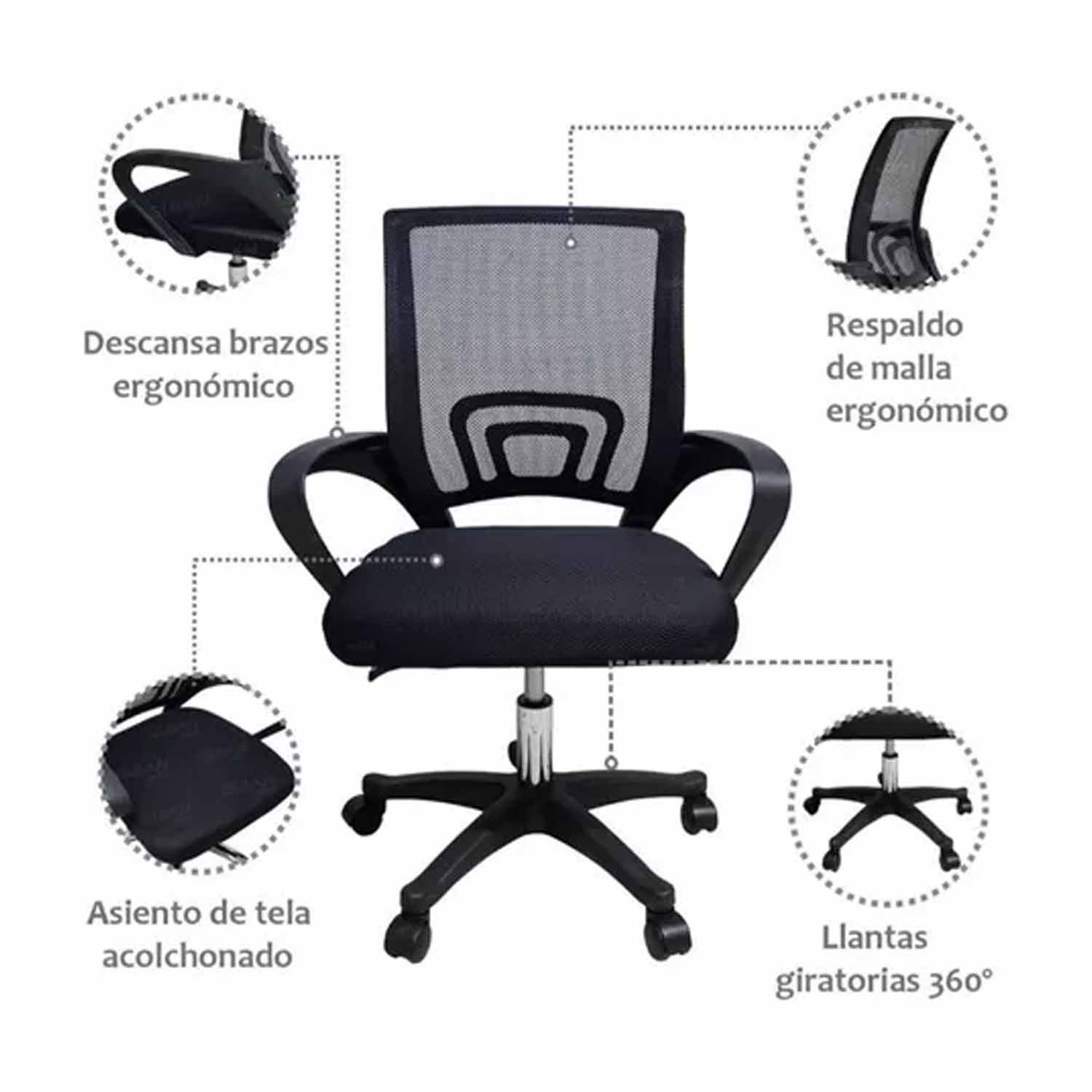 Silla de Oficina Ejecutiva Ergonómica Negra Respaldo Malla Giratoria tipo BYTEK Compraymas 