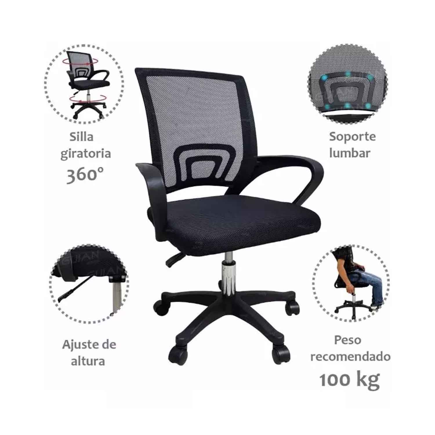 Silla de Oficina Ejecutiva Ergonómica Negra Respaldo Malla Giratoria tipo BYTEK Compraymas 