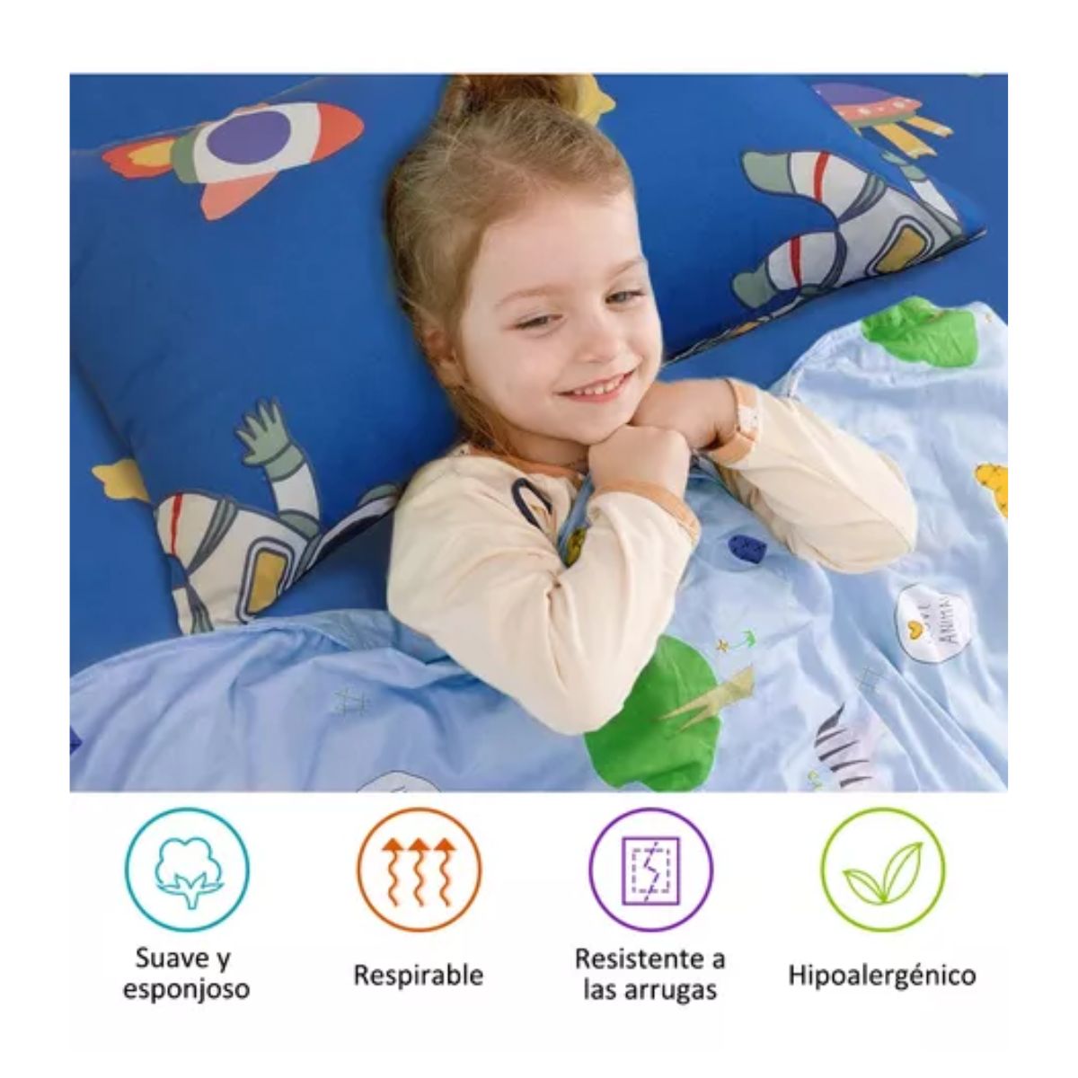 Juego De Sábanas Nino Matrimonial 4pz Ultrasuave Anti-ácaros Color azul-astronauta