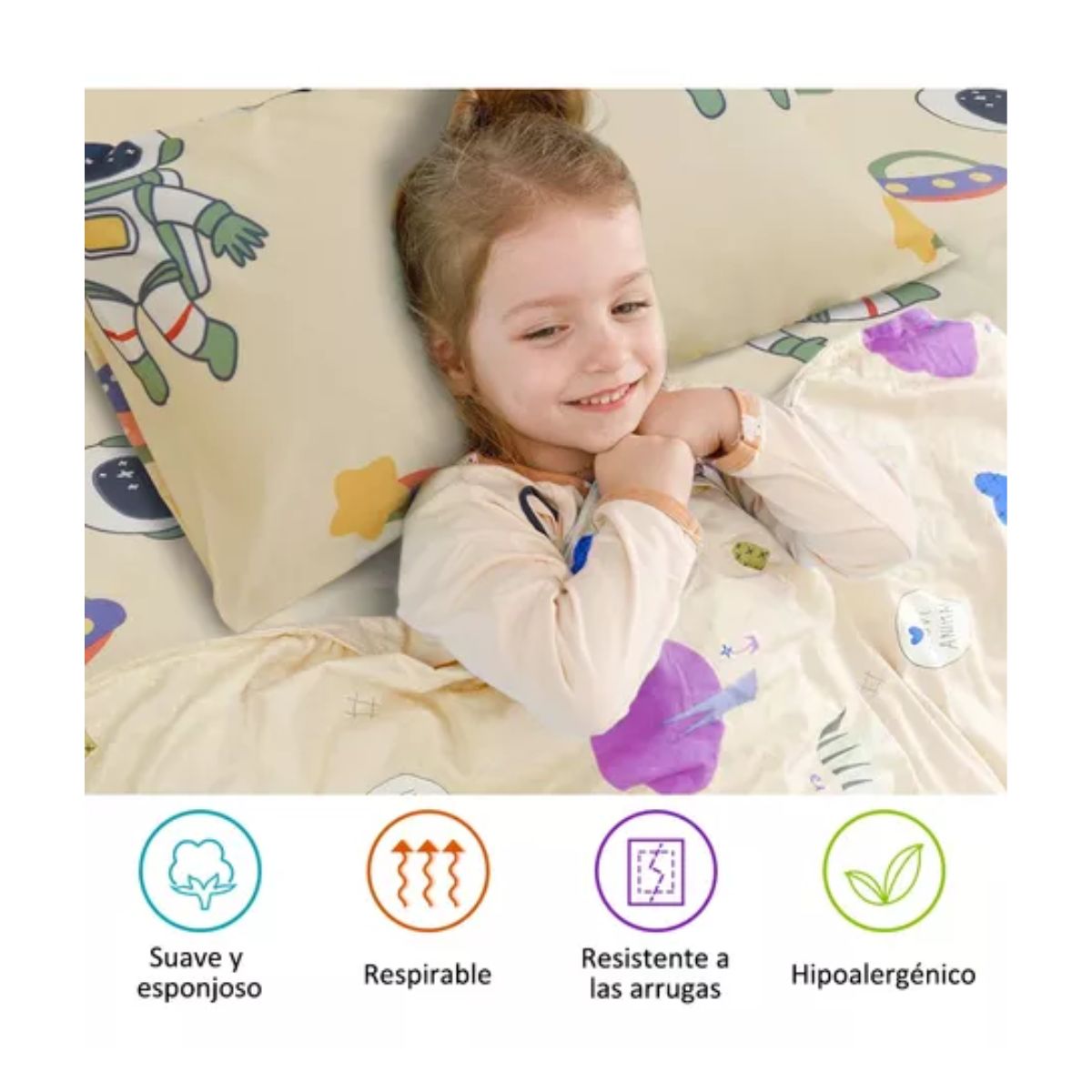 Juego De Sábanas Nino Matrimonial 4pz Ultrasuave Anti-ácaros Color Amarillo-astronauta