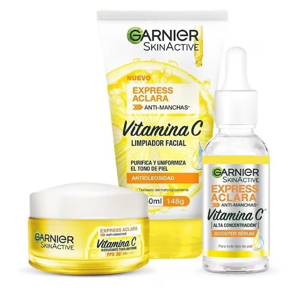 Kit Garnier Express Aclara: Serum Crema Gel Limpiador Con Vitamina C