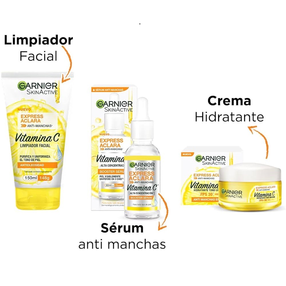 Kit Garnier Express Aclara: Serum Crema Gel Limpiador Con Vitamina C