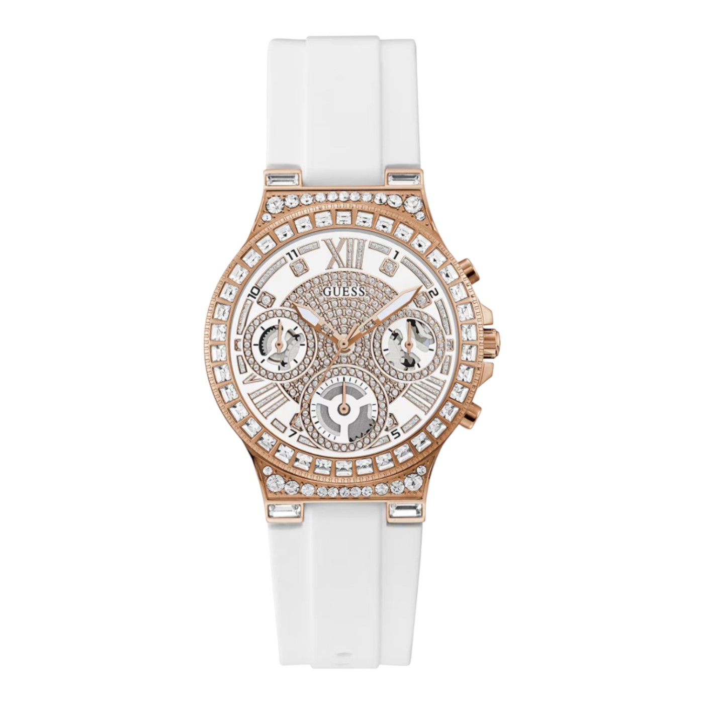 SET DE RELOJES GUESS EN PAREJA  PARA SAN VALENTÍN COLOR  PLATEADO Y BLANCO GW0575G1/GW0257L2