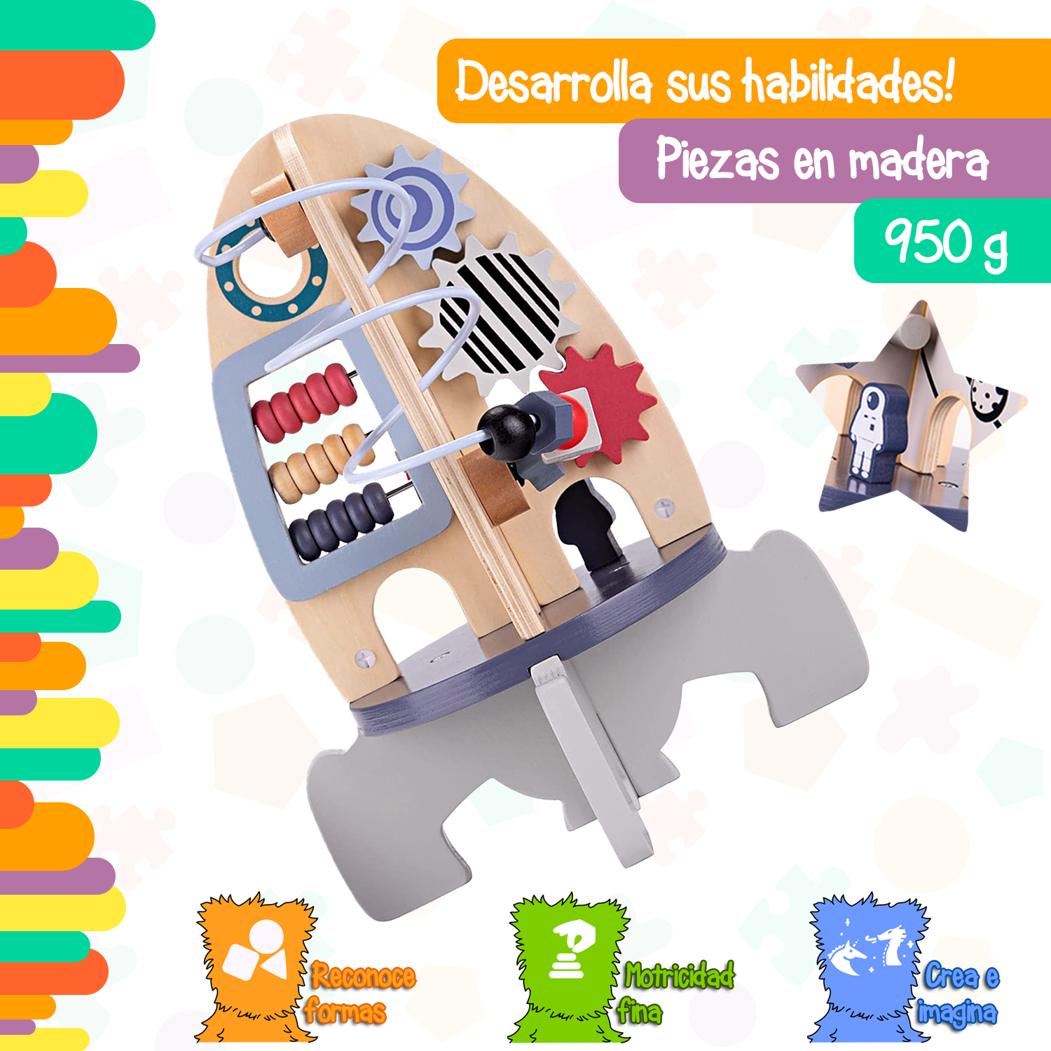 Cubo de Actividades de Juguetes de Madera, Juguetes temáticos espaciales para niños pequeños de 1 a 3 años, Cubo de Cohete de Juguete Montessori para bebé, Laberinto de Cuentas