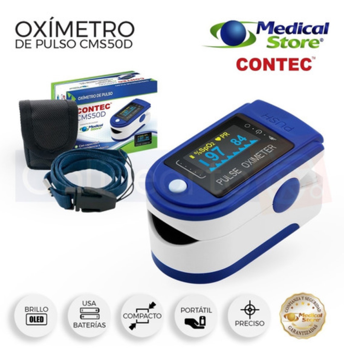 Oximetro De Pulso De Dedo Adulto Pediatrico Digital Portatil Azul y blanco
