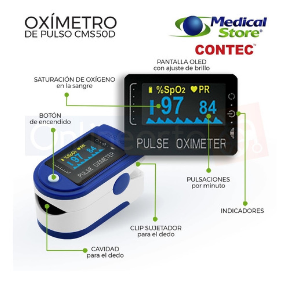 Oximetro De Pulso De Dedo Adulto Pediatrico Digital Portatil Azul y blanco