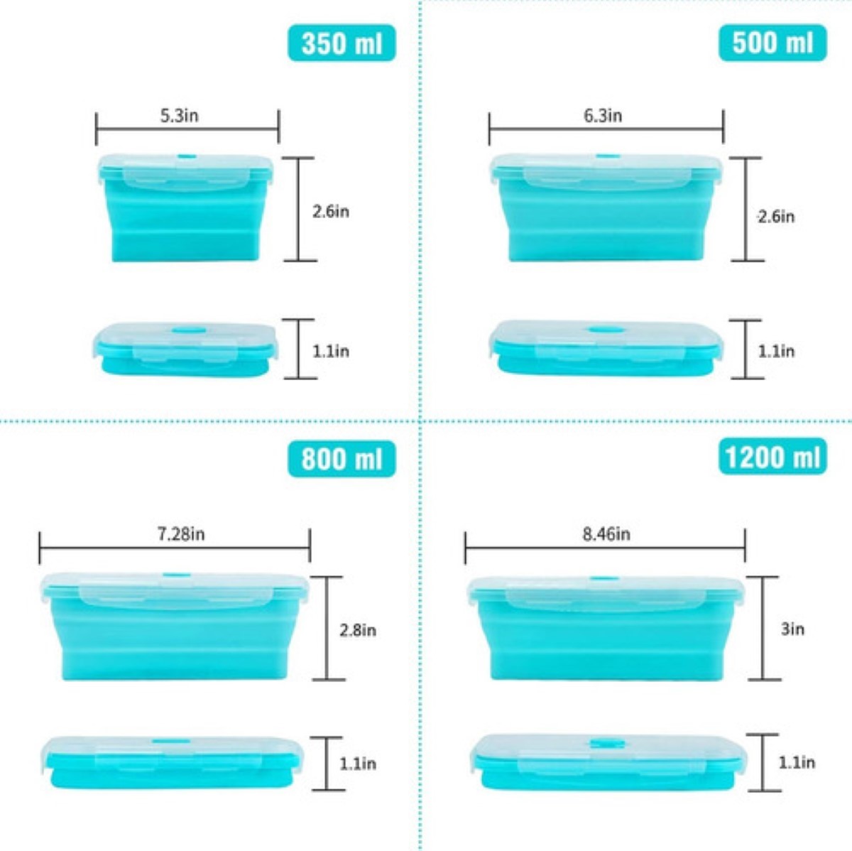 Loncheras Plegables Y Herméticas De Silicona P/comida 4 Pzs. AZUL