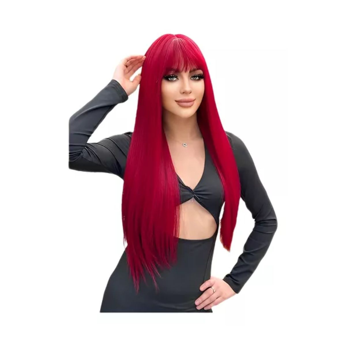 Peluca Roja Larga Flequillo Lacio Para Mujer Dama CosplayB ROJO