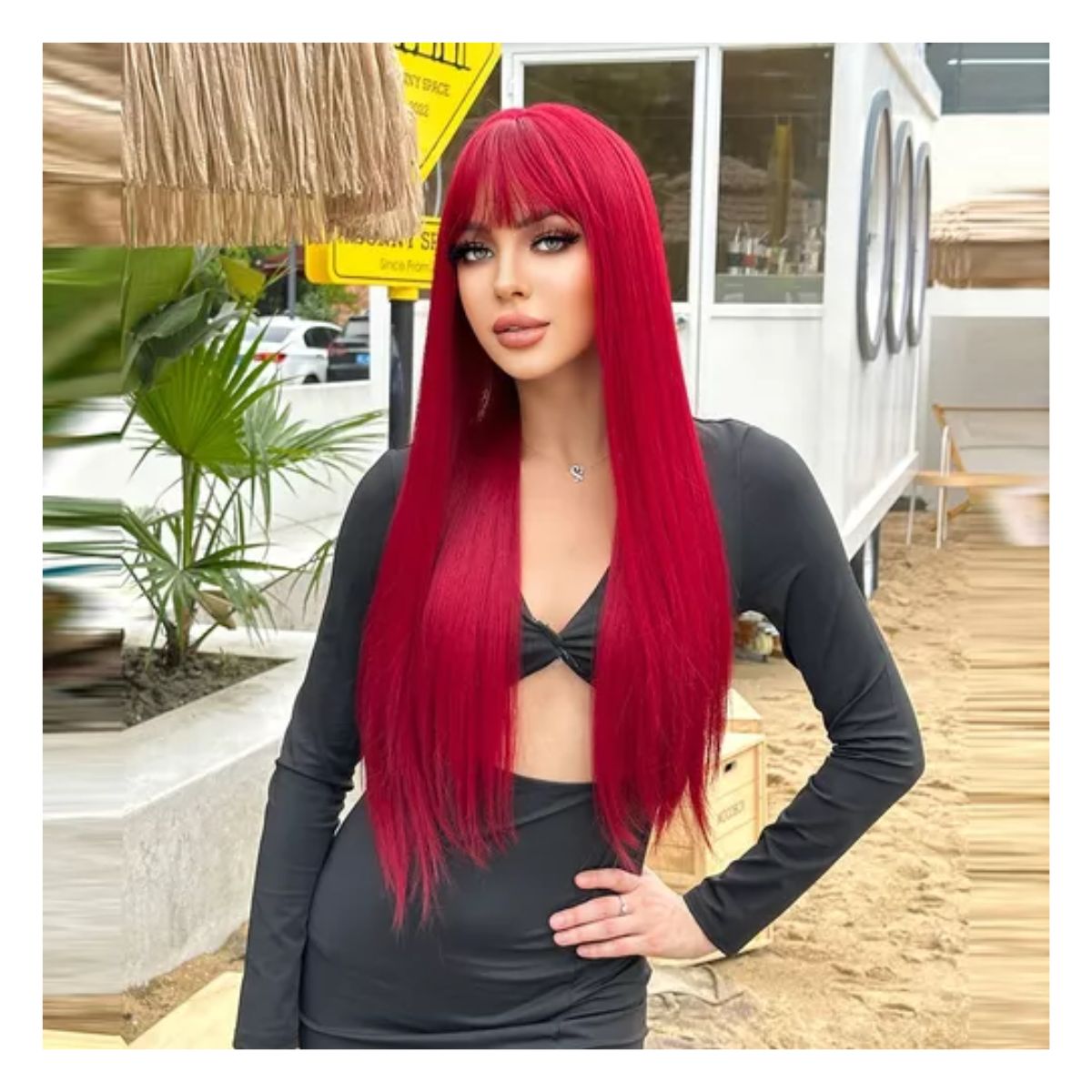 Peluca Roja Larga Flequillo Lacio Para Mujer Dama CosplayB ROJO