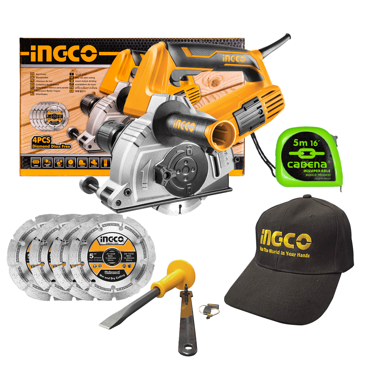 Ranuradora De Concreto Ingco 1500w Uwlc15008 + Flexometro wda-5020 verde y gorra ingco