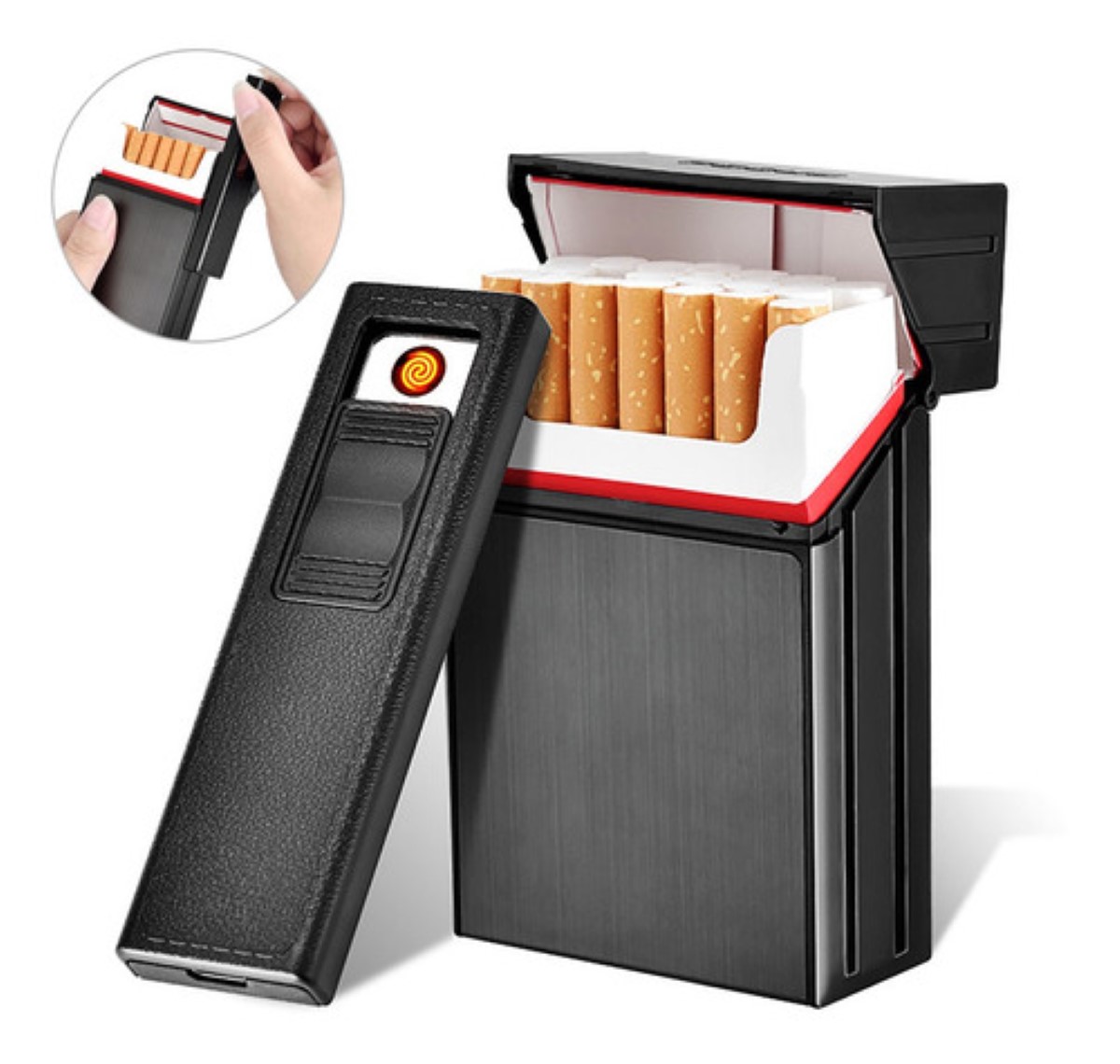 Cigarrera Con Encendedor Electrónico Usb Arco Plasma 2 Es 1 negro