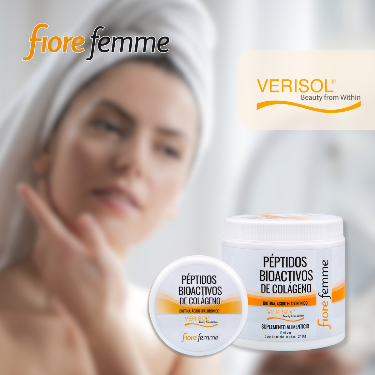 Fiore Femme Peptidos Bioactivos de colageno 210g Polvo de colágeno Biotina Acido Hialuronico Verisol