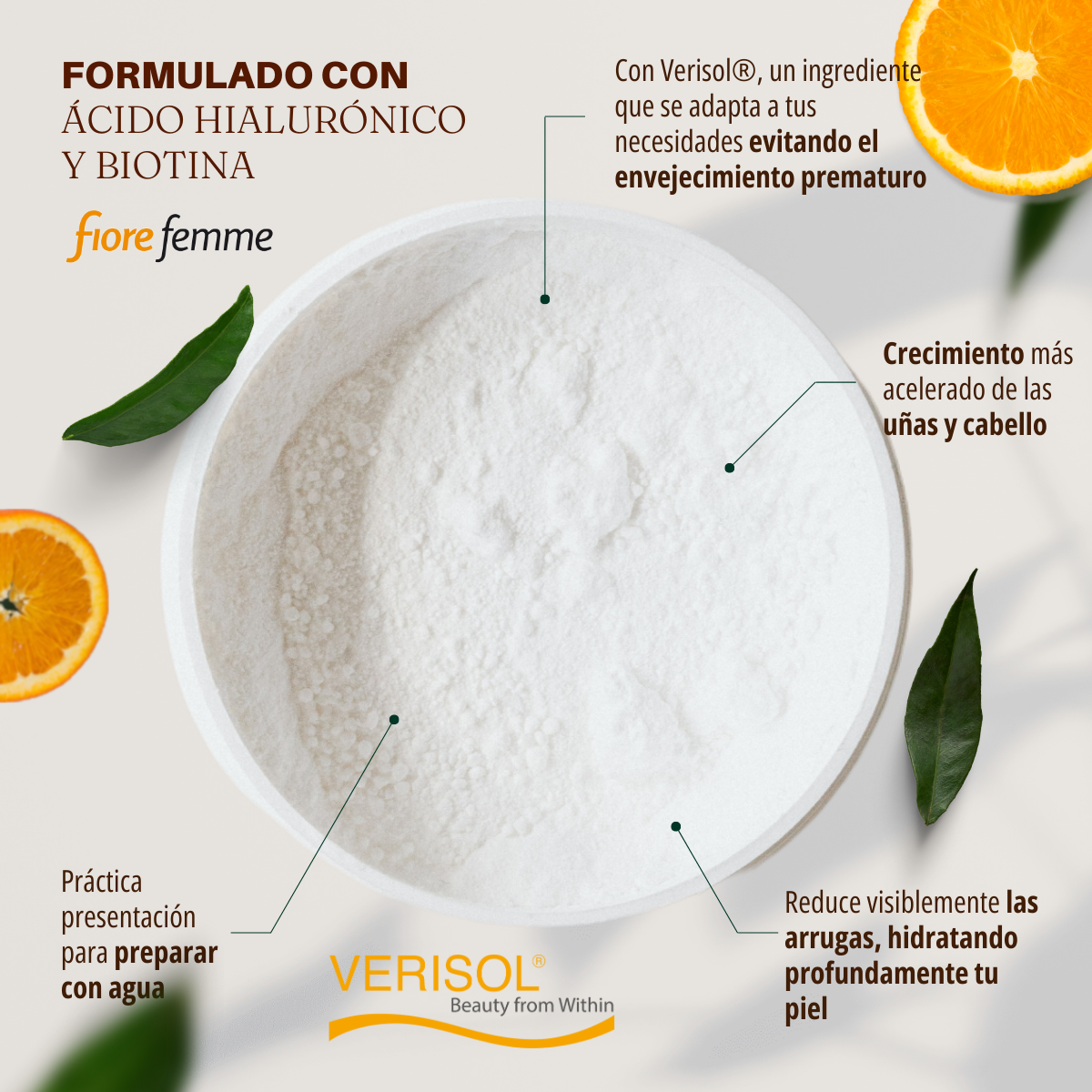 Fiore Femme Peptidos Bioactivos de colageno 210g Polvo de colágeno Biotina Acido Hialuronico Verisol