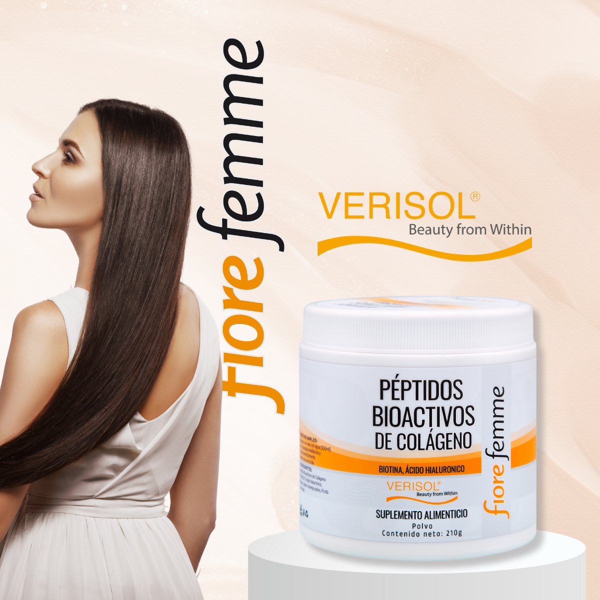 Fiore Femme Peptidos Bioactivos de colageno 210g Polvo de colágeno Biotina Acido Hialuronico Verisol