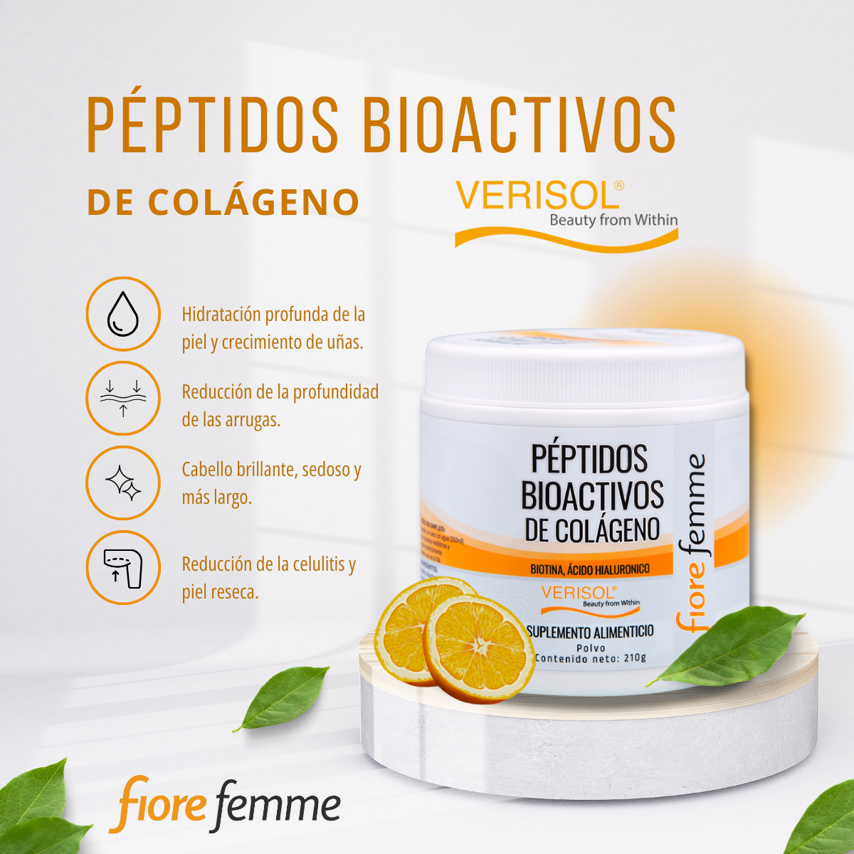Fiore Femme Peptidos Bioactivos de colageno 210g Polvo de colágeno Biotina Acido Hialuronico Verisol