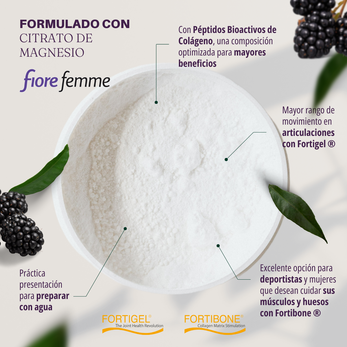 Fiore Femme Péptidos bioactivos de Colágeno 330 g  Fotibone  Fortigel Magnesio 