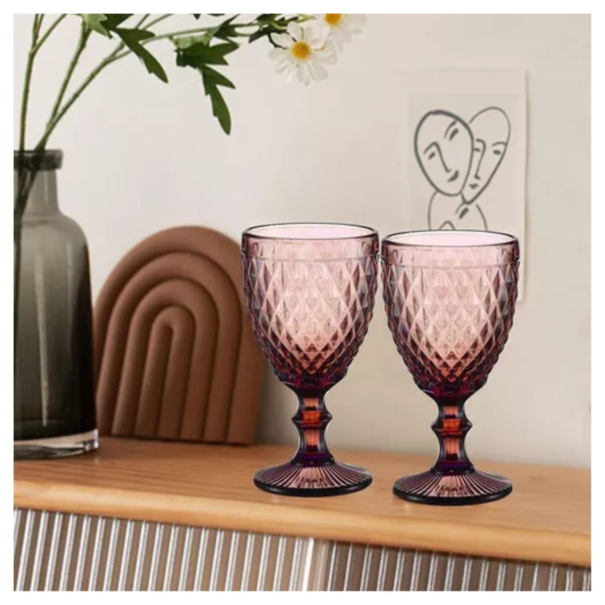 Juego 6 Copas Vino Agua Cristal Labrado Vidrio morado