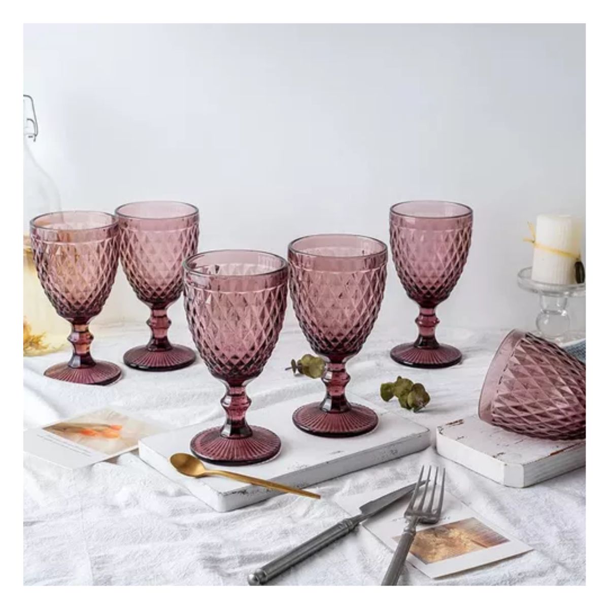 Juego 6 Copas Vino Agua Cristal Labrado Vidrio morado