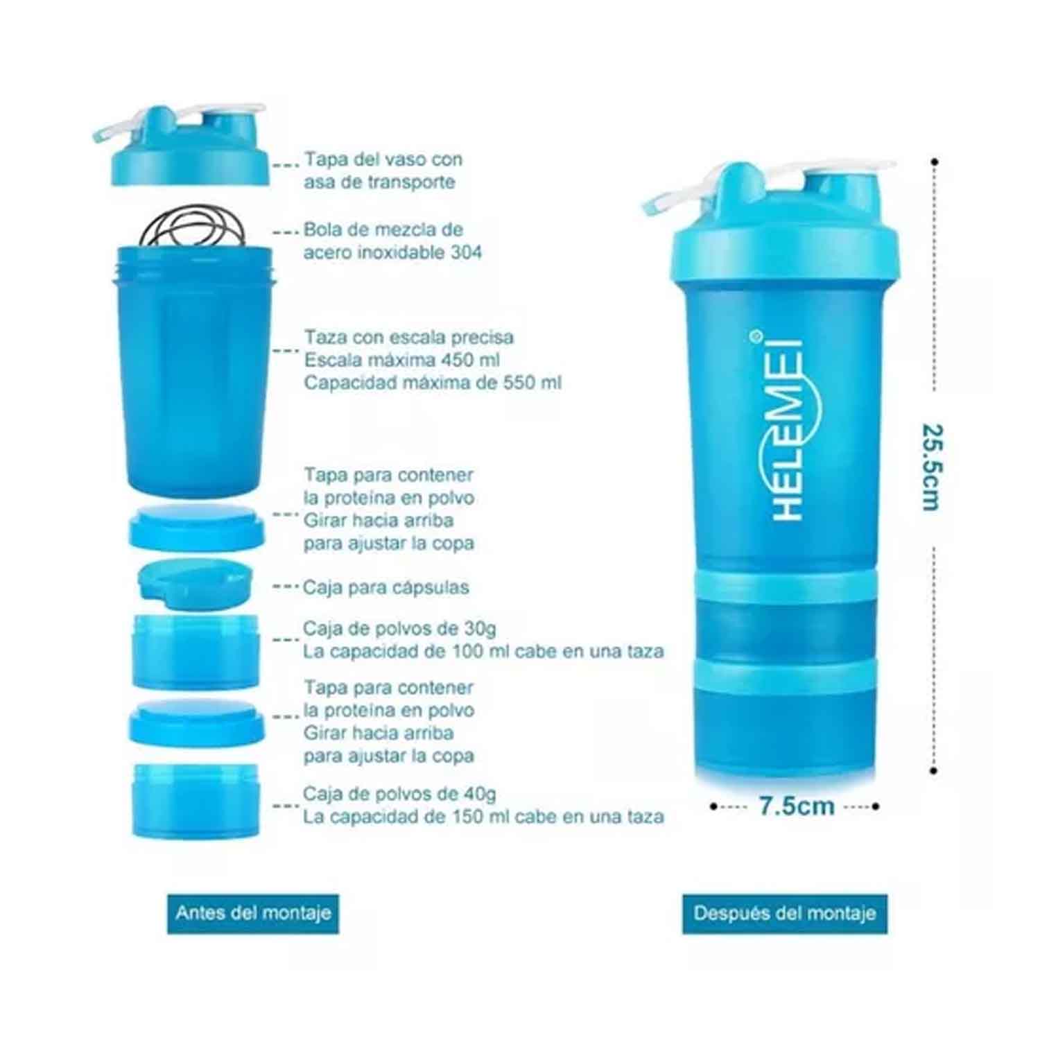 Vaso Mezclador Shaker Multifuncional Compraymas Para Deporte Vaso Proteina 650ml Fitness Agua Color Azul
