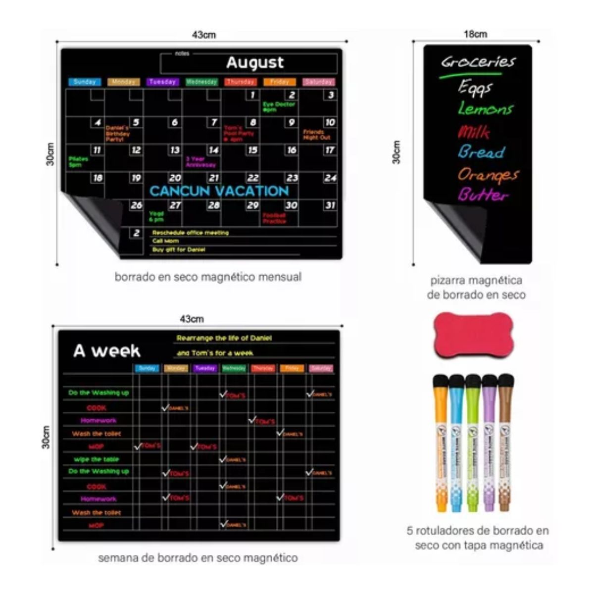 Pizarrón Calendario Magnético Planeador Pizarra Con Marcador NEGRO