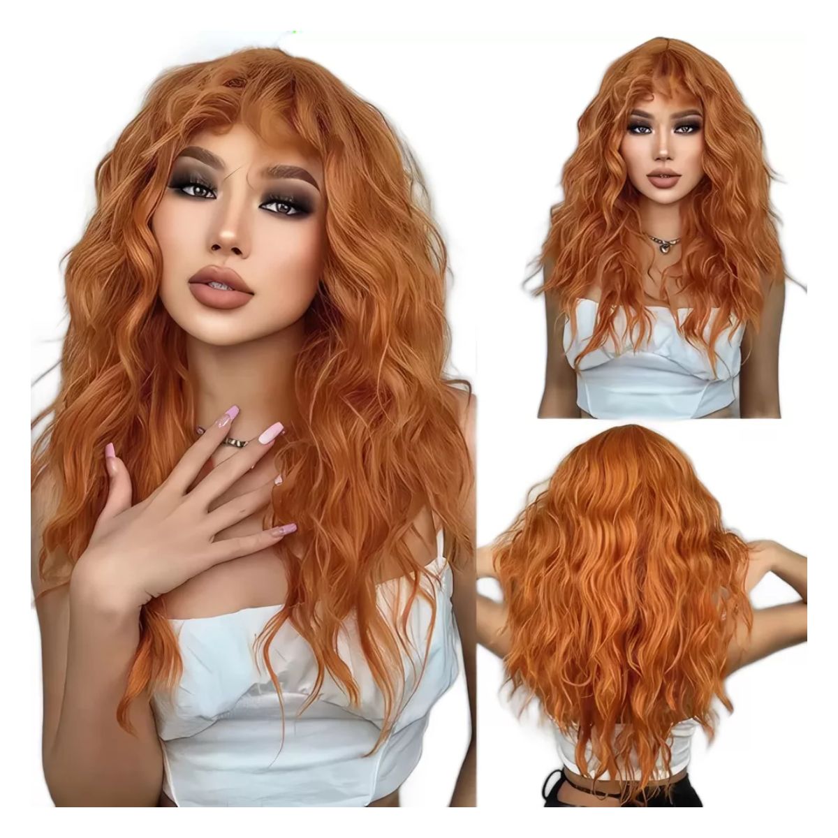 Peluca Naranja Para Mujer Dama Larga Ondulada Flequillo 