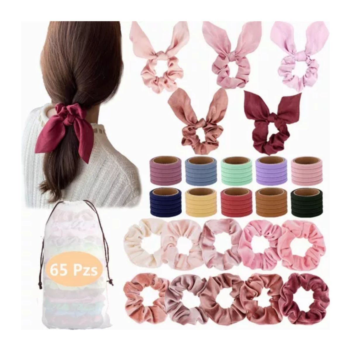 Liga Para Cabello Elásticas Satín Para Mujer 65pcs Modelo B