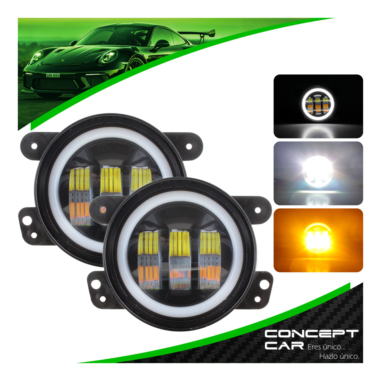 Par Faros 3 Lupa Led Bicolor Antiniebla Ojo Angel 4 Pulg