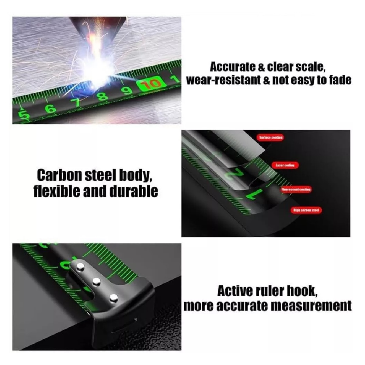 Cinta Metrica Flexometro Regla Retractil Fluorescente 10m Negro